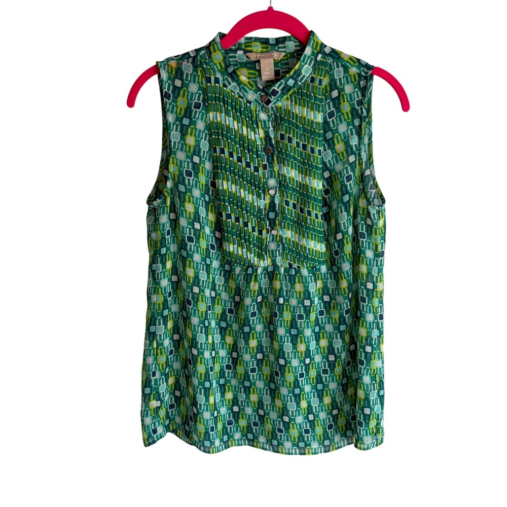 BANANA REPUBLIC Green‎ Multicolor Sleeveless Geometric Pleated Ladies Blouse, S